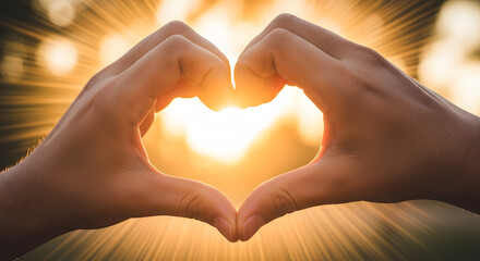 Fototapeta premium Symbolic act of kindness shown by hands forming heart in natural glowing sunlight