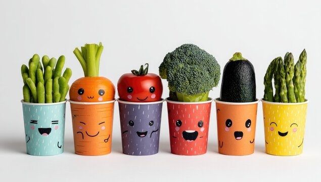 Colorful paper cups holding vegetables with cute cartoon faces