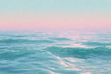 Obraz premium Pastel sunset over calm, turquoise ocean waves, exhibiting a serene, dreamy atmosphere