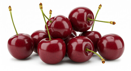 Juicy cherries glistening on a bright white background, perfect for summer recipes and healthy eating campaigns, a vibrant taste of fresh fruit