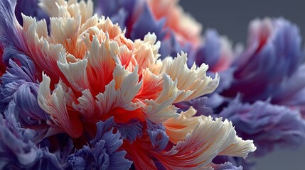 Close-up of a vibrant, multi-colored flower with intricate petal textures and layered structure