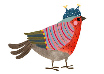 Robin bird in sweater and funny winter cap. Cartoon style isolated hand drawn illustration on png background. Bright decorative design for seamless patterns, textiles, kids prints, Christmas, packing