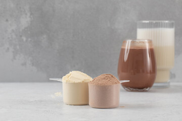 Nutritious protein powder with chocolate and vanilla flavor. Sports nutrition.