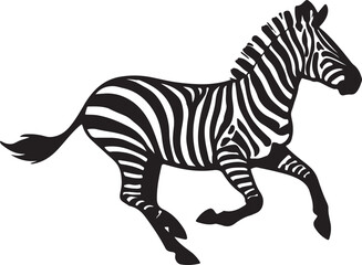 A black and white illustration of a zebra running with its mane flowing and tail extended