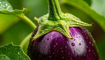Close-up of a wet eggplant on a plant