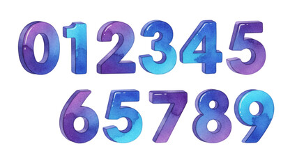 Watercolor Numbers 0-9 Vibrant Blue and Purple Gradient Digits for Creative Design