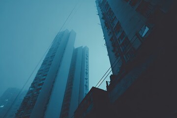 Tall residential buildings rising into a cloudy sky. Urban architecture and cityscape view. Concept of city life and modern living.