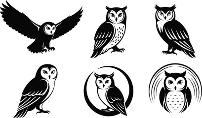 Black and white stylized owl vector illustrations set featuring unique designs, poses, circular frames, and decorative elements for creative projects