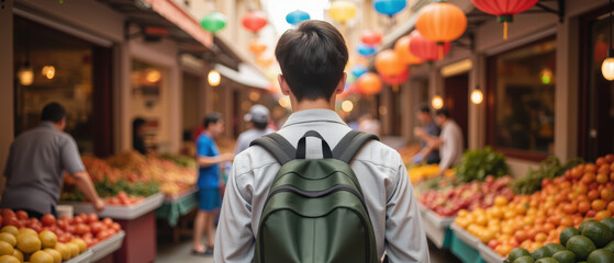 Young person stands in vibrant market, surrounded by colorful fruits and lanterns, evoking sense of exploration and curiosity