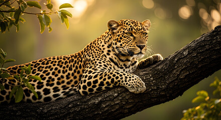 Resting Spotted Leopard Laying on Tree Branch in Warm Sunlight