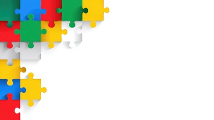 Colorful jigsaw puzzle pieces arranged in a partial formation on white background