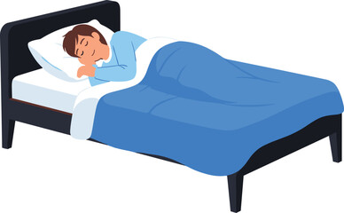 Cute cartoon man sleeping peacefully in bed, blue pajamas, covered with blanket, resting on pillow, vector illustration for sleep, health, and relaxation themes