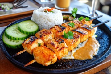 Grilled chicken skewers with rice, cucumber, and peanut sauce on a dark plate