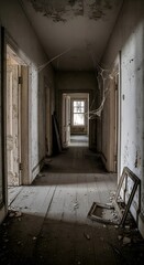 Fototapeta premium A dark, unsettling hallway in an abandoned building with peeling paint, heavy shadows, and thick spiderwebs, leading to a sunlit window at the end