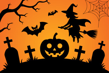 Spooky Halloween Scene with Witch, Ghost, Pumpkin and Graveyard Silhouettes