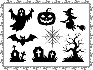 Halloween Silhouette Icon Set with Witch, Ghost, Pumpkin, Bat, Spider Web, and Graveyard Elements
