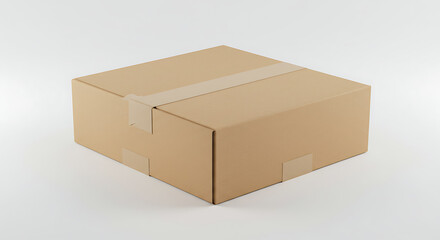Close-up of a light beige cardboard box, likely for shipping or storage, with a horizontal strip of tape across the middle.