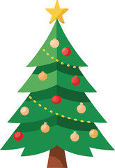 Vector art of a flat graphic illustration of a green christmas tree topped with a golden star, decorated with red baubles and a string of yellow lights, isolated on white