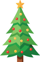 Vector art of a simple, flat vector illustration of a green christmas tree with a yellow star and red and yellow baubles, presented on a