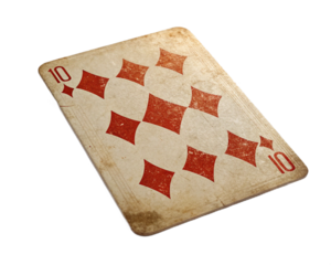 Ten of diamonds playing card isolated on transparent background, a vintage card with a worn and aged appearance