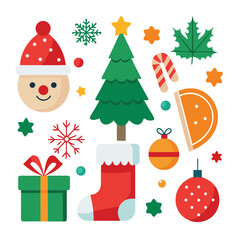 Vector art of a cheerful assortment of christmas symbols such as a snowman face, santa hat, christmas tree, candy cane, ornaments, gift box, and snowflakes, isolated on a