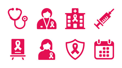 A collection of medical vector icons representing healthcare support for cancer patients, symbolizing screening, treatment, protection, and scheduled care. Pink October.