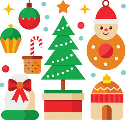 Vector art of vibrant collection of christmas elements including a gingerbread man, decorated tree, gift box, cupcake, candy cane, stocking, and bauble