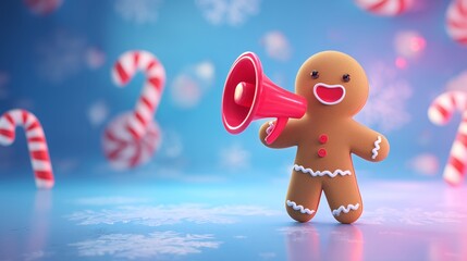 3D Cute Gingerbread Man with Megaphone and Christmas Candy Background