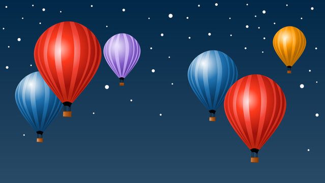 Colorful hot air balloons float against a dark, starry night sky.
