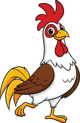 Cute cartoon rooster with red comb, yellow beak, white feathers, brown wings, walking pose, farm animal character, vector illustration for kids and agriculture themes