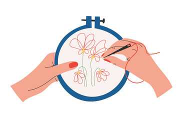 Hand drawn vector illustration of hands doing embroidery in cartoon flat style. A creative hobby with needle and thread, perfect for crafting and textile design projects.
