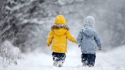 Winter children walk along a wonderful snowy forest road. Children run snow, back view. Sunny winter day.