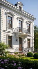 An elegant, classical white manor house with wrought-iron balconies, surrounded by a lush, well-manicured garden under clear daylight