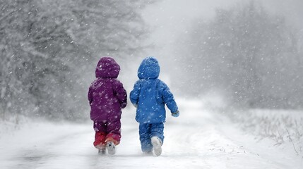 Winter children walk along a wonderful snowy forest road. Children run snow, back view. Sunny winter day.