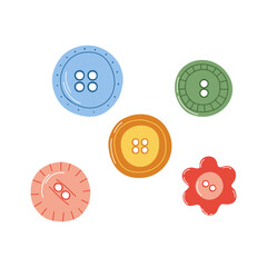 Hand drawn vector illustration of assorted buttons in cartoon flat style. Colorful set of sewing supplies for crafting, dressmaking, and creative projects.