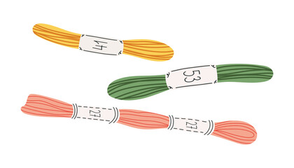 Hand drawn vector illustration of embroidery floss threads in cartoon flat style. Colorful set of sewing supplies for crafting, needlework, and textile projects.