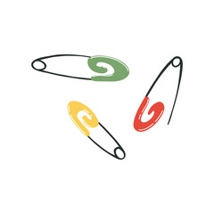 Hand drawn vector illustration of safety pins in cartoon flat style. Essential fastener for clothing repair, crafts, and textile projects.