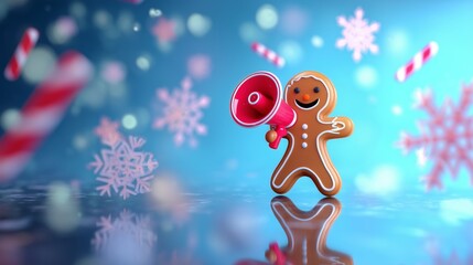 Naklejka premium 3D Cute Gingerbread Man with Megaphone and Christmas Candy Background