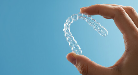 Holding clear aligner for straighter teeth against a bright blue background, demonstrating the latest in orthodontic treatment for a confident smile
