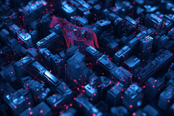 An Abstract Digital Rendering Of A Unicorn With A Geometric Wireframe Standing On Top Of A Futuristic Cityscape