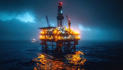 Obraz premium Offshore Oil Rig at Night Under Stormy Skies.