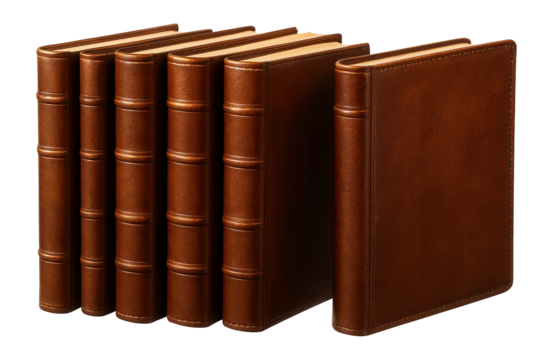 Rows of standing books with brown leather covers.