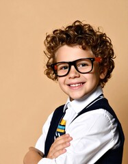 Curly-haired caucasian child wearing glasses smiling in stylish attire