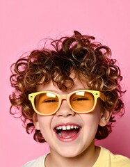 Cheerful caucasian child with curly hair and sunglasses on pink background