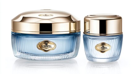 Luxury Skincare Set Pale Blue Glass Jars with Gold Lids