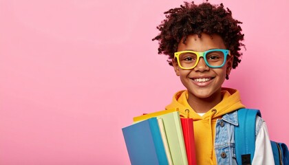 Smiling african child holding books and wearing colorful glasses