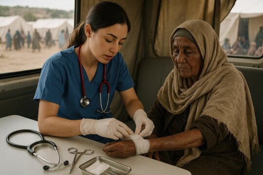 Health worker treats elderly woman in a mobile clinic during a humanitarian mission in a refugee camp