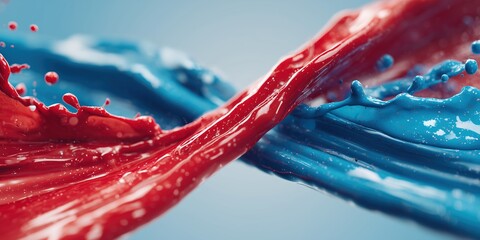 Dynamic splash of red and blue paint colliding mid-air