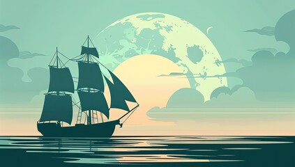 A silhouetted sailing ship glides serenely across a calm sea under a large, pale moon and a pastel sky.  The scene evokes a sense of peace and adventure