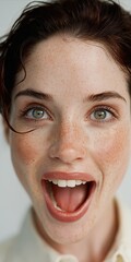 Excited young adult caucasian female with freckles and short hair